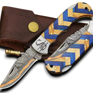Navaja Plegable de Acero Damasco y Cobre, Grado Industrial, Profesional, para Campismo, Caza, Senderismo, EDC, Multiusos, Mango de Olivo y Pakka - Product Image 1