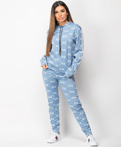Conjunto Deportivo con Capucha Azul Claro para Mujer, Manga Larga, Estampado de Letras, Pantalones Deportivos Casuales con Bolsillos Laterales, Conjunto Transpirable de Poliéster - Product Image 1