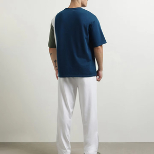 Camiseta de Cuello Redondo para Hombre, Diseño Color Block, Manga Corta, Corte Holgado, 100% Algodón, Transpirable, Ropa Casual de Verano, Pantalones Blancos con Laterales - Product Image 4
