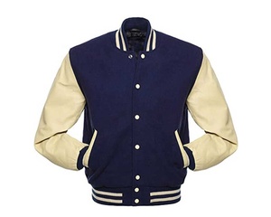 Veste universitaire bleu marine pour homme avec manches en cuir crème et bordure côtelée, style preppy, fermeture boutonnée simple à col classique - Product Image 3