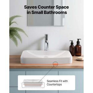 Lavabo Rettangolare in Ceramica Bianca 19.29 X 12.01 Pollici Semi-Incassato con Foro di Scarico da 1 3/4 Pollici per Installazione a Incasso nel Bagno - Product Image 2