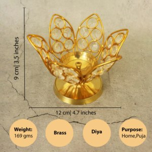Lámpara Diya de latón y cristal Kamal Deepam con diseño de pétalos de diamante, hecha a mano, lámpara de aceite tradicional para Pooja, para el templo del hogar. - Product Image 2