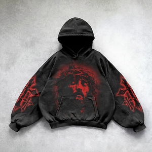Custom Korean Vintage Distressed Acid Wash Unisex Heavyweight Washed Pull Over French Terry 100% Cotton Embroidered Hoodies - Product Image 1
