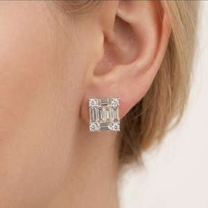 รับประกันทองคำขาว18K เครื่องประดับเพชรธรรมชาติคุณภาพสูงต่างหูพวงบาแกตต์ทรงสี่เหลี่ยมสตั๊ดสำหรับผู้หญิง - Product Image 4
