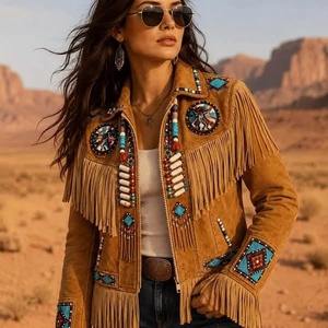 Veste de camionneur marron à franges avec col rabattu orné de perles turquoise - Product Image 1