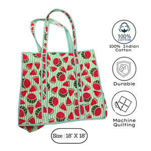 Watermelon Block Print Cotton <b>Canvas</b> <b>Tote</b> Bag Summer Fashionable Design Zip Closure Shopping Bag Eco Friendly Durable Daily Use - Product Image 3