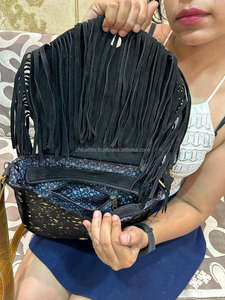 New Hair on Metallic Suede Leather Fringe Cowhide Crescent Purse Women's for Fashionable Hot Selling Barrel Shaped Crossbody Bag - Product Image 6