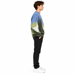 Pull en tricot surdimensionné pour homme, motif chat bleu vert, imprimé animal cartoon, col rond - Product Image 2