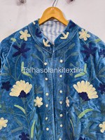 Jaket Kerah Mandarin Beludru Bordir Bunga Kuning dan Daun Hijau Lengan Panjang Mantel Wanita Musim Gugur