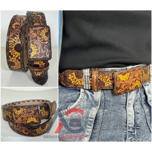 Nouvelle ceinture en cuir véritable de vachette pleine fleur, artisanale, authentique, de marque supérieure, avec motif tournesol, boucle détachable, unisexe - Product Image 1