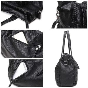 Bolso Hobo de Cuero Genuino para Mujer, Correa de Hombro Trenzada, Gran Capacidad, Cierre de Cremallera, Uso Diario Informal, Negro - Product Image 3