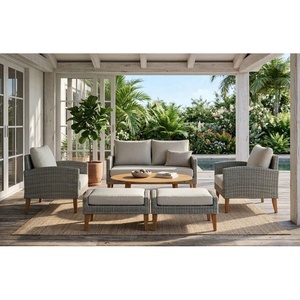Contemporary PE Rattan <b>Outdoor</b> Patio Set with Teak <b>Table</b> and Olefin Cushions Solid Back Design Tapered Legs - Product Image 4