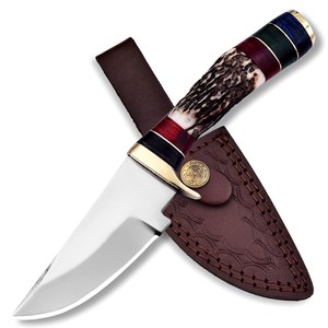 Cuchillo de desollar de hoja fija de acero 12c27 personalizado con mango de asta de ciervo, ODM OEM, espiga completa, para bushcraft, camping y uso general, con funda de cuero - Product Image 2