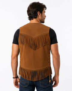 Gilet formel occidental pour homme de haute qualité, marron, en daim respirant, avec franges, perles et os, fait main, non tissé, col en V, pour l'été - Product Image 5