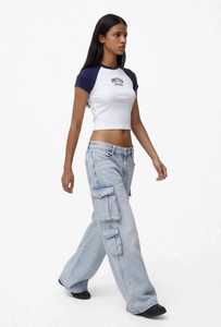 ONETEN APPAREL T-shirt court pour femme à manches raglan, col rond, en jersey de coton, blanc et bleu marine, uni, décontracté, printemps-été - Product Image 3