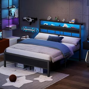 Cadre de lit en métal taille Queen OEM/ODM avec tête de lit LED, lit rembourré moderne, mobilier de maison noir et blanc - Product Image 4