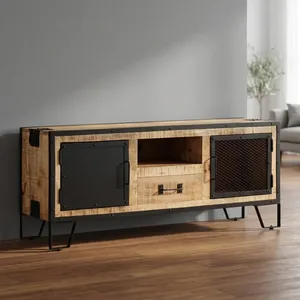Mueble para TV de Madera Reciclada Industrial con Estructura Metálica Negra, Puertas y Estantes Abiertos, Estilo Rústico - Product Image 6