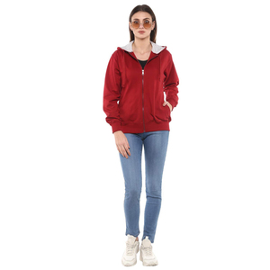 Sudadera con capucha roja para mujer, con cremallera completa, personalizada, de corte regular, con bolsillo, chaqueta informal de invierno, con logotipo personalizado - Product Image 2