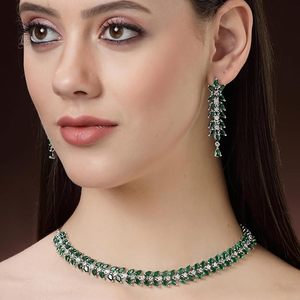 <b>Silver</b> Plated Alloy <b>Necklace</b> and Earring <b>Set</b> Green Crystal Rhinestone Plant Pattern Women's Classic Wedding Jewelry - Product Image 2