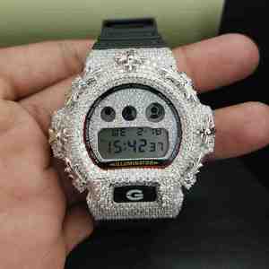Trendy Exclusive Fashion Diamond <b>Watch</b> with Stainless Steel <b>Case</b> Half Iced Black Rubber Band <b>Watch</b> - Product Image 5
