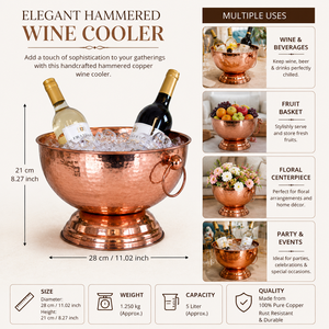 Cubo de hielo de cobre martillado hecho a mano con asas de anillo para enfriar vino, cerveza y bebidas |   Enfriador de Bebidas Premium para Fiestas - Product Image 5