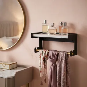 Modern <b>Wall</b> <b>Mounted</b> Marble <b>Shelf</b> with Towel Bar Bathroom Storage Rack Metal Organizer Holder for Vanity Washroom Decor - Product Image 4