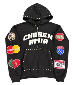 Sudadera con capucha y cremallera con diamantes de imitación y perlas personalizadas, parche bordado, ropa de calle lavada con ácido, sudaderas con capucha con diamantes de imitación y cremallera de peso pesado - Product Image 1