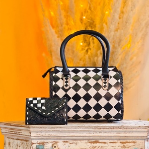 New Hand Tooled Black And White Diamond Checkered Pattern 100% Genuine Leather Material Mini Speedy Duffle Bag For Women's Carry - Product Image 6