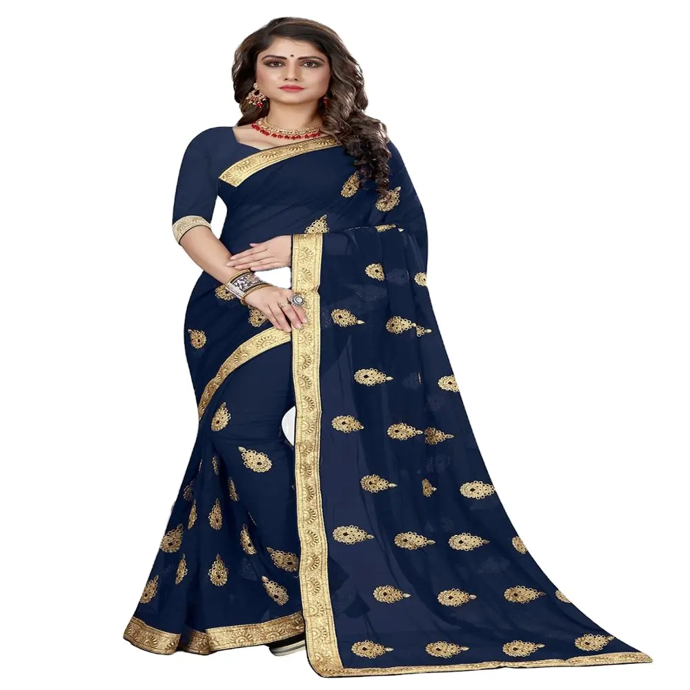 Bella funzione di seta e Georgette colorata personalizzata e sari speciale per la ricezione con camicetta per le donne