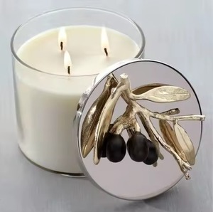 Pot à bougie en verre à large ouverture, 3 mèches, avec couvercle en argent poli et décor en métal noir motif feuille de branche, pour décoration de salon - Product Image 5