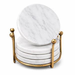 Natural White <b>Marble</b> <b>Coasters</b> Set Brass Holder Modern Stone Mats Non Slip Design Eco-Friendly Handmade 10mm Thick 100mm Diameter - Product Image 1