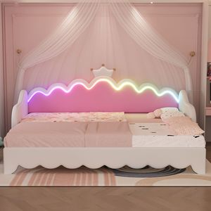 Moderna Divanetto Letto Singolo Bianco Estensibile con Luci LED, Testiera a Corona e Design Imbottito Stile Principessa per Arredamento Bambini e Neonati - Product Image 3