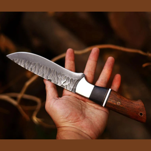 Couteau Bowie à lame fixe en acier inoxydable, finition martelée personnalisée, pointe clip, manche en bois et corne, lame pleine longueur, Pasha Enterprises - Product Image 6