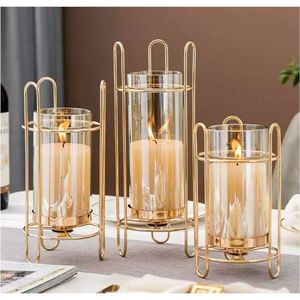 Support de bougie cylindrique en verre et métal doré géométrique style nordique, pour bougies votives et chauffe-plat, centre de table pour mariage, événement et maison - Product Image 5
