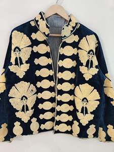 Velvet Hand Embroidered Suzani Quilted Jacket Breathable Cotton Bohemian Women's <b>Coat</b> - Product Image 5
