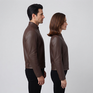 Wholesale Genuine Leather Sporty Long Motorcycle <b>Biker</b> <b>Jacket</b> with Stand Collar Zipper Closure Waist Belt & Chest Pocket-Unisex - Product Image 3