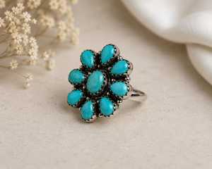 Anillo de Plata de Ley 925 con Turquesa Natural en Forma de Flor, Hecho a Mano, Estilo Bohemio, Joyería de Moda para Mujer - Product Image 4
