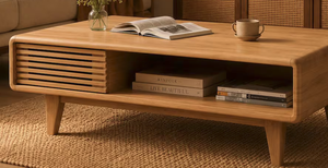 Mid Century Modern Farmhouse <b>Coffee</b> <b>Table</b> with Storage <b>Walnut</b> Wood Living Room Furniture Fluted Design - Product Image 6
