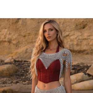Silver Plated Stainless Steel Chainmail Top <b>Red</b> <b>Corset</b> Armor Wear for Women Fashion Costume with Sword Accessory - Product Image 2