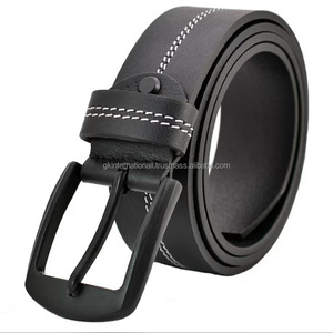 Ceinture décontractée en cuir noir pleine fleur pour jean avec double couture blanche et finition noire Boucle ardillon en alliage de zinc Toutes les tailles - Product Image 5