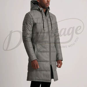 Manteau d'hiver matelassé long en cuir gris pour homme, avec capuche, en similicuir rembourré, parka de qualité supérieure - Product Image 5