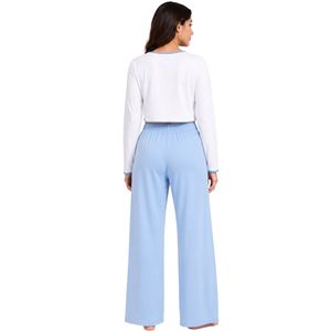 Conjunto de pijama de punto suave para mujer, color blanco y azul cielo, de manga larga, con cárdigan con botones y pantalones anchos. - Product Image 2