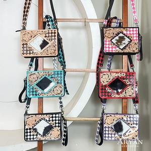 New Wholesale New Arrival Tooled Checkered Leather Crossbody Mini <b>Bag</b> High Quality Genuine Cowhide Leather <b>Sling</b> <b>Bag</b> for Women - Product Image 1