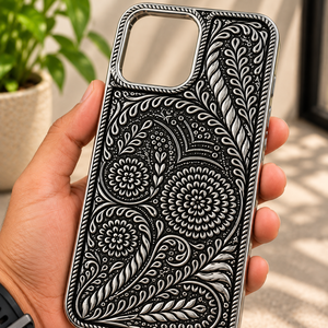 Étui de téléphone portable en argent sterling 925 de qualité supérieure, oxydé antique, gravé de motifs floraux paisley - Product Image 3