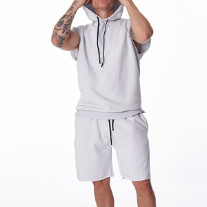 New Arrival Men Summer Hooded Sleeveless Sweatshirt <b>Set</b> 100% Cotton Solid Color Casual Wear Custom Logo Front Print for sale - Product Image 4