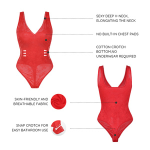 Body sculptant sexy pour femme, moulant, à motif floral, en maille, sans couture, col en V profond, avec dentelle et effet ventre plat - Product Image 4