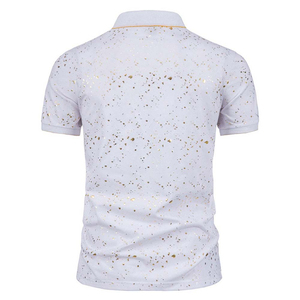 Camisa de Manga Corta para Hombre, Color Azul Marino, con Estampado de Lámina Dorada, Cuello Clásico, Corte Entallado, Casual, Antiarrugas, con Bolsillo - Product Image 3