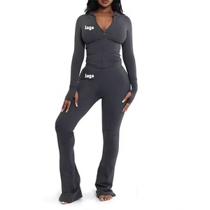 Conjunto Deportivo de Dos Piezas para Mujer con Logotipo Personalizado, Pantalones Acampanados con Cierre y Cuello Alto, Color Sólido, para Otoño - Product Image 6