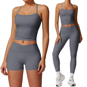 Ensemble de vêtements de sport pour femmes, 5 pièces, bleu, extensible, débardeur et leggings, vêtements de fitness décontractés, coupe ajustée, logo sur le devant, recyclable - Product Image 2