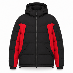 Custom Casual Hooded Puffer <b>Jacket</b> Winter Streetwear Color Block Panels Warm Embroidered Front Logo Zipper Pockets Service - Product Image 1
